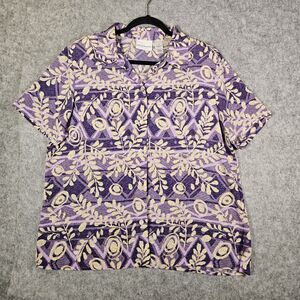 Alfred Dunner Womens Plus Purple Floral Leaf Short Sleeve Button Up Shirt Sz 16